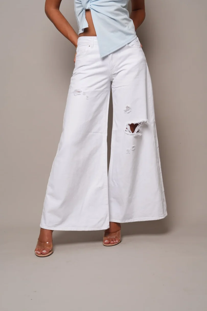 Wide-Leg Distressed White Jeans - Image 2