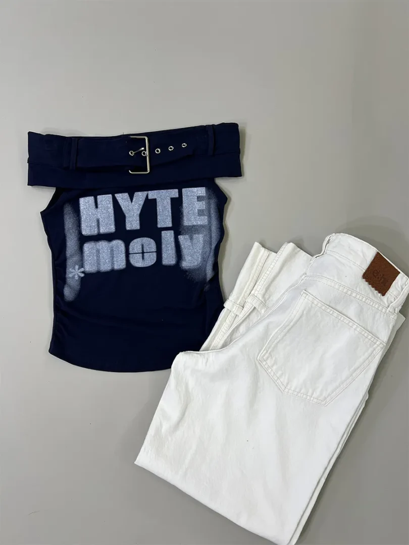 Belted Off-Shoulder Graphic Top - Image 2