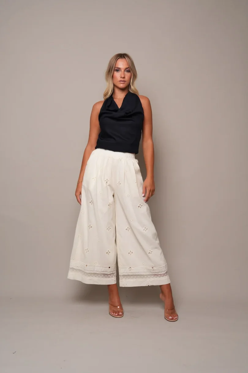 Broderie Wide-Leg Cotton Pants - Cream