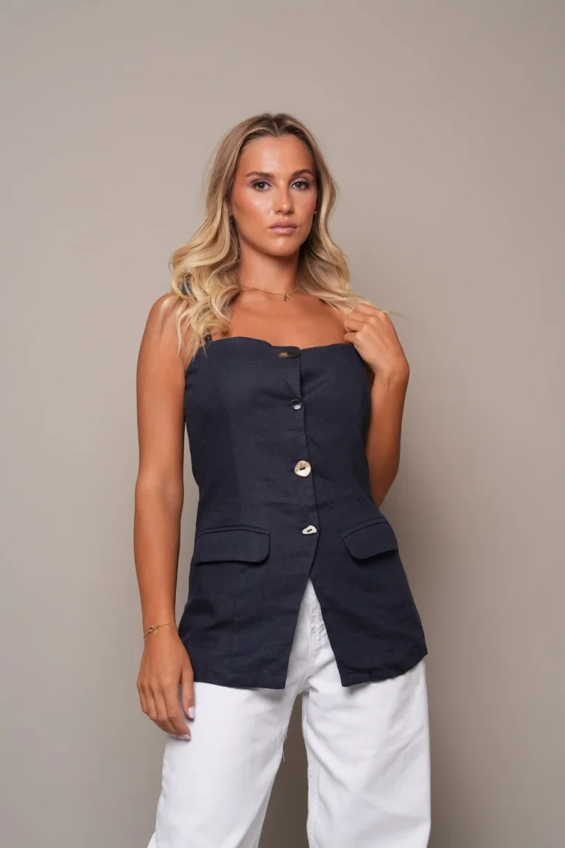 Navy Button-Up Strapless Vest