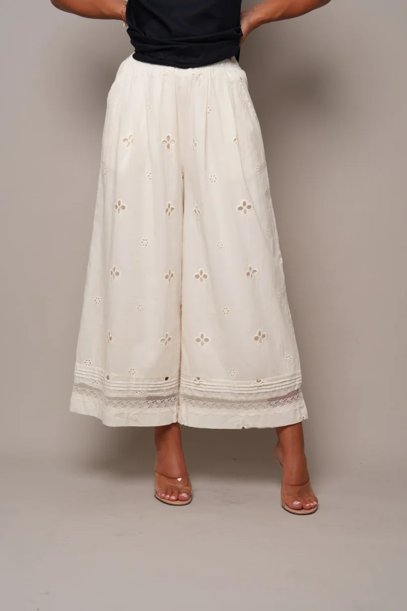 Broderie Wide-Leg Cotton Pants - Cream - Image 2