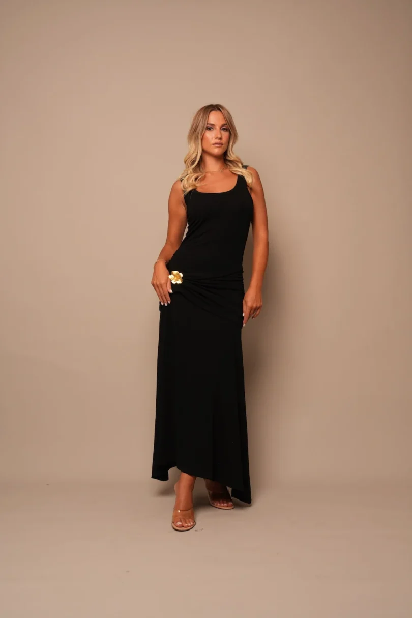 Sleeveless Maxi Dress with Floral Accent - Black - Image 2