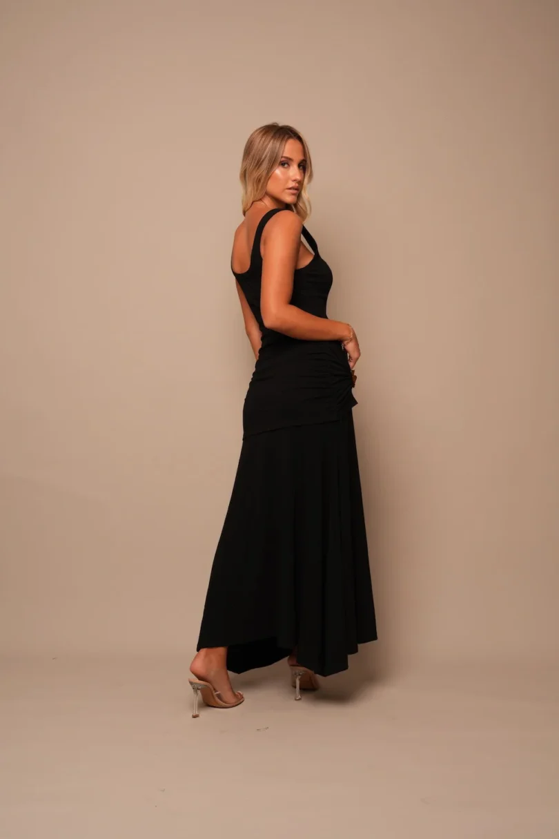 Sleeveless Maxi Dress with Floral Accent - Black - Image 3