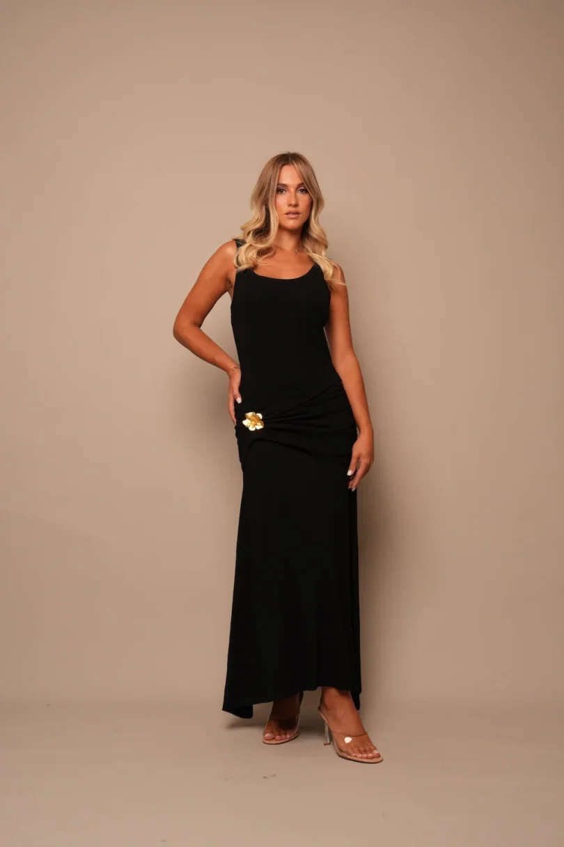 Sleeveless Maxi Dress with Floral Accent - Black