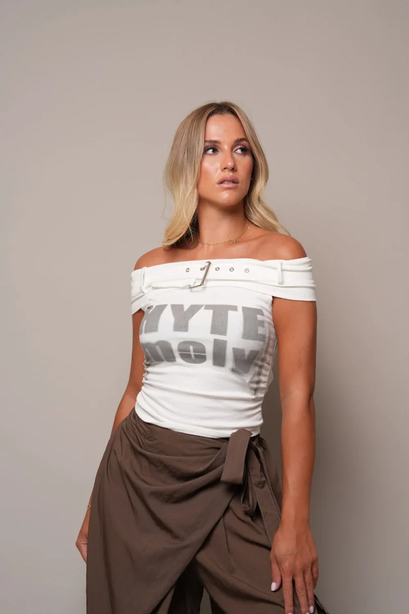 Belted Off-Shoulder Graphic Top - White