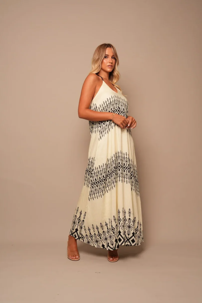 Boho Maxi Dress - Cream & Black Print - Image 2
