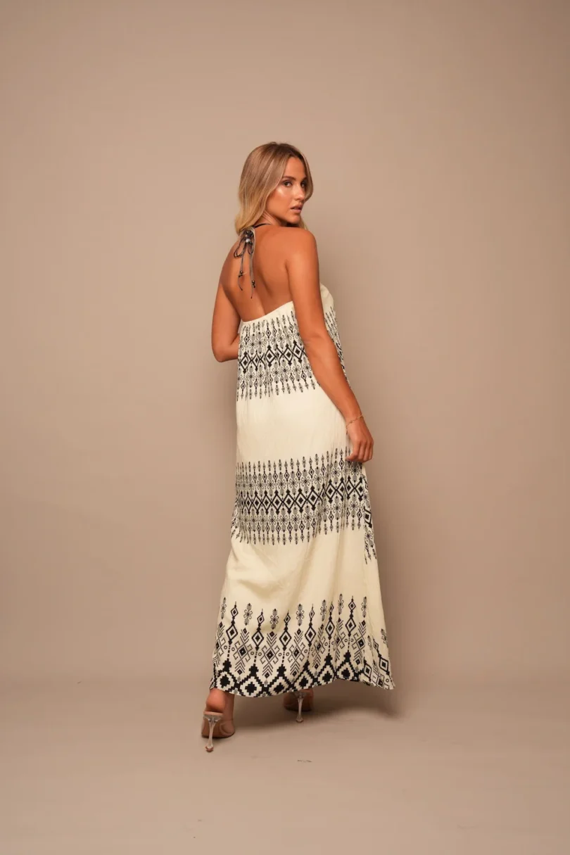 Boho Maxi Dress - Cream & Black Print - Image 3
