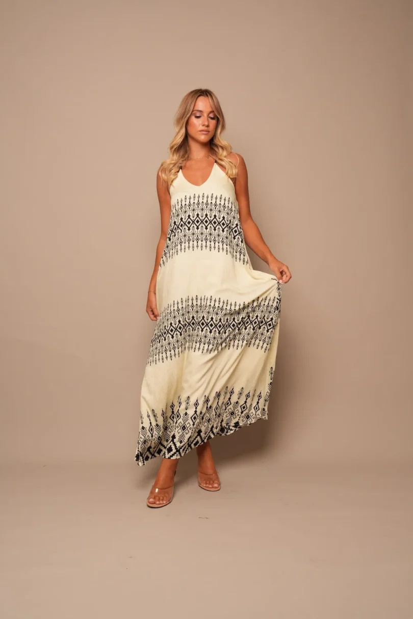 Boho Maxi Dress - Cream & Black Print