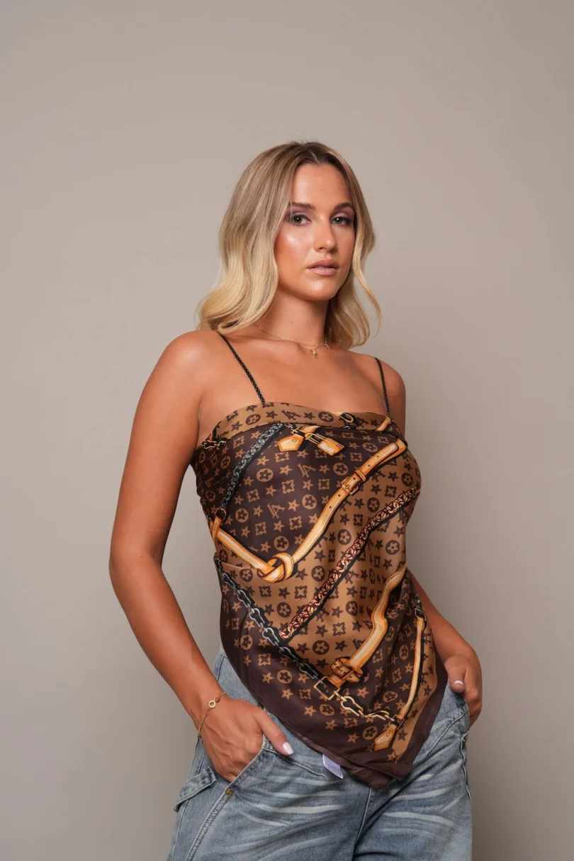 Chain Baroque Print Satin Scarf Top