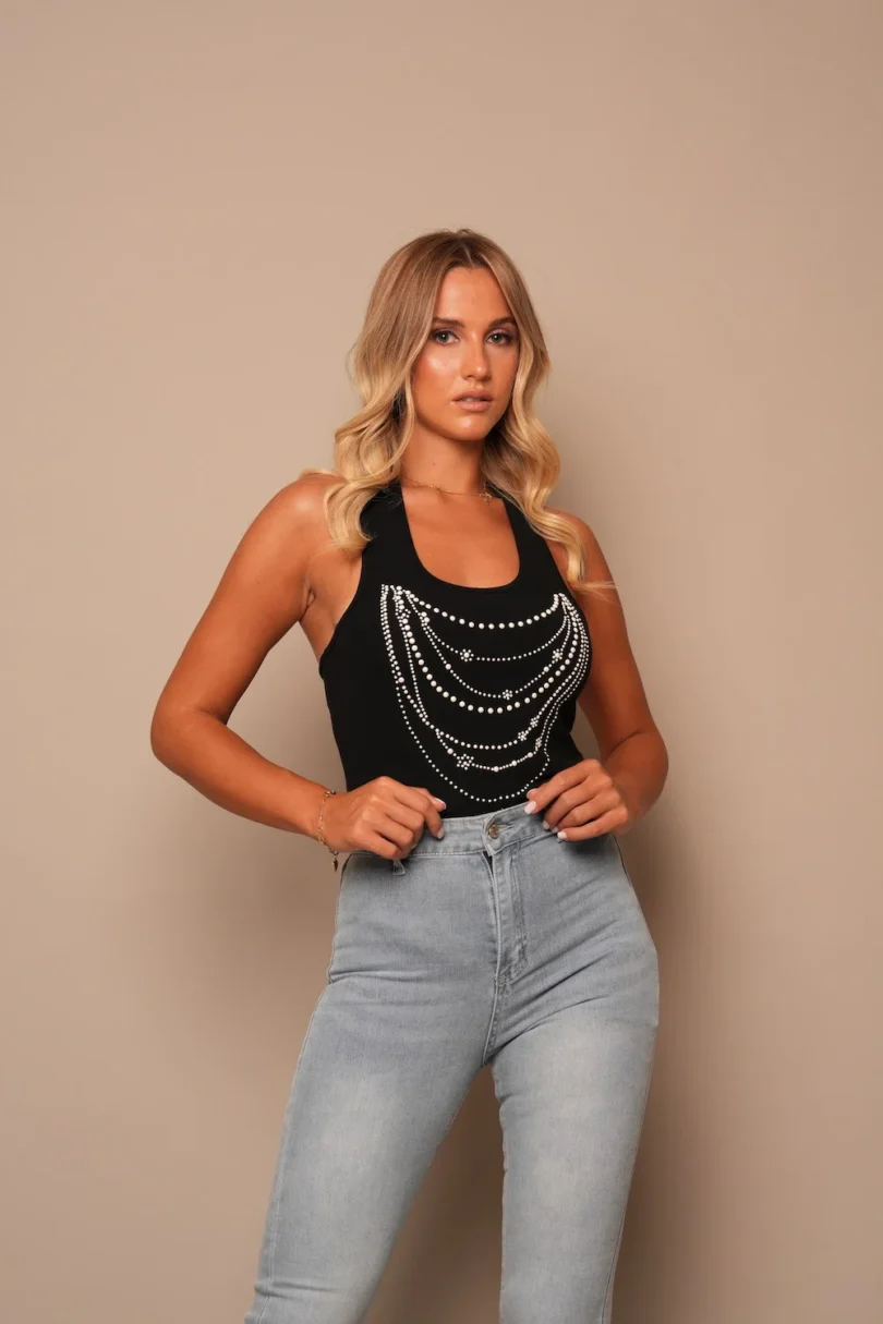 Black Rhinestone Draped Tank