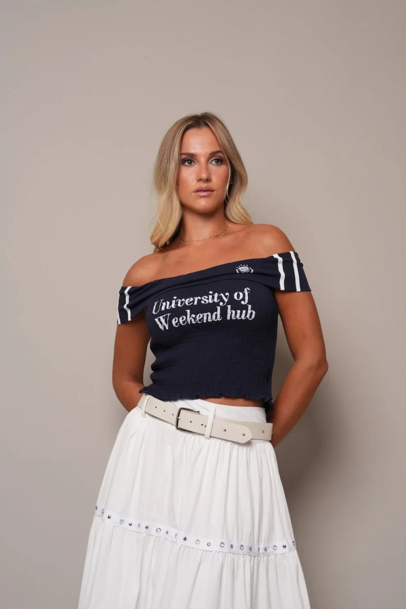 Navy Off-Shoulder Weekend Hub